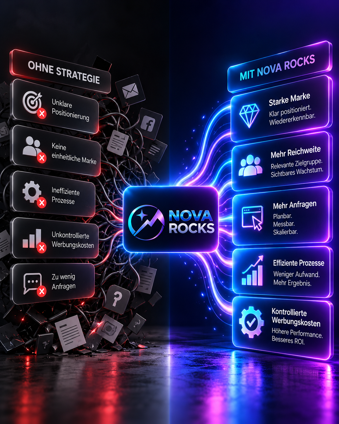 Von Chaos zu Wachstum mit NOVA ROCKS – links: unklare Positionierung, ineffiziente Prozesse, zu wenig Anfragen; rechts: starke Marke, mehr Reichweite, mehr Anfragen, effiziente Prozesse, kontrollierte Werbungskosten